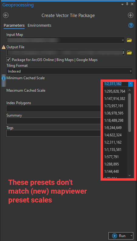 Scale presets for 'Create Vector Tile Package' should match MapViewer presets