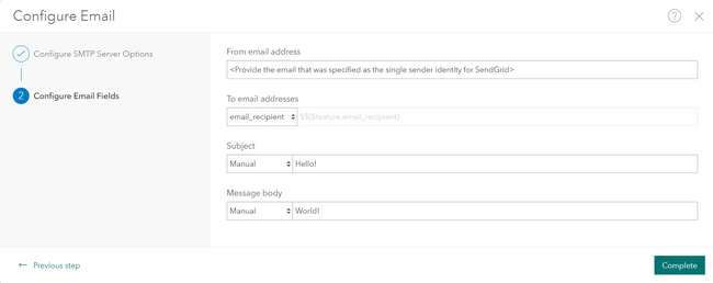 Configure email fields with manual entry or data values