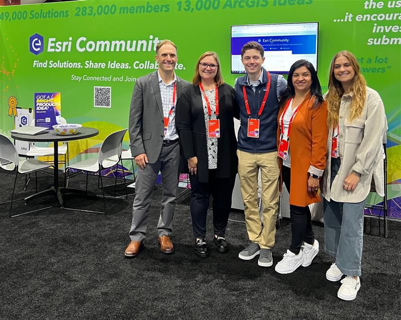 Esri Community Team at UC 2022 (left to right): Chris Catania, Michelle Mathias, Jesse Cloutier, Simi Basu, Brianna Ettley