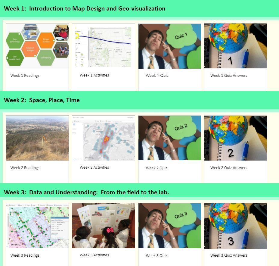 Weekly content in first course in Modern Web-based GIS.