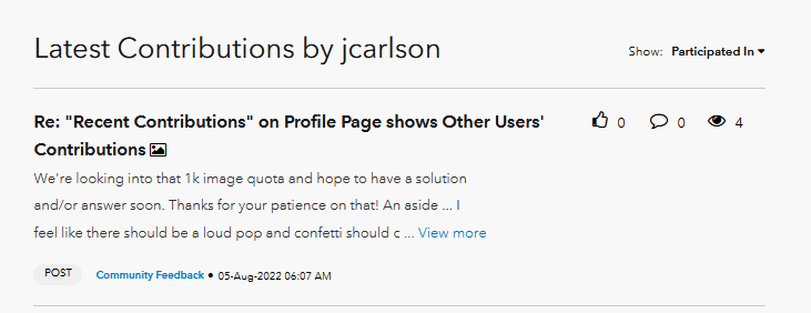 A recent contribution "by jcarlson", showing a post that is NOT "by jcarlson". Hrm.