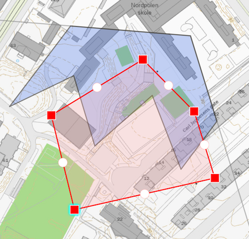 The new area in red, will be clipped by the blue
