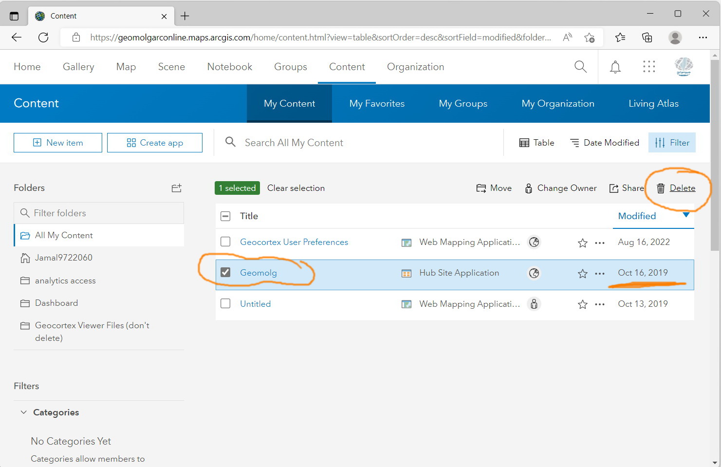 Solved: ArcGIS Online: How to delete content item of “hub ... - Esri ...