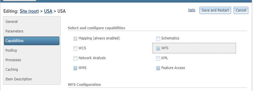 Select and configure capabilities page of published service from within ArcGIS Server