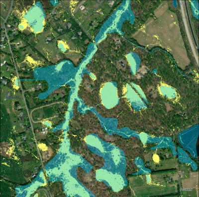 Raster wetland predictions (yellow), NWI reference wetlands (blue)