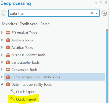 Figure 1: Geoprocessing tools pane - Quick Import tool