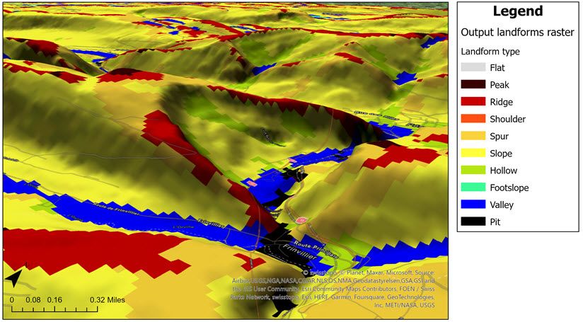 Ridge and valley landform types in the northeastern part of Switzerland, close to the Alte Aare river, identified using the Geomorphon Landforms tool in ArcGIS Pro 3.1.