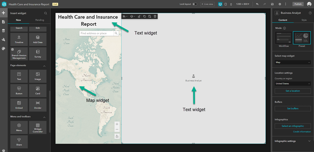 Application layout using Map, Text and BA widgets