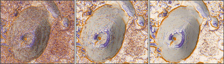 Profile curvature computed on a 5 meter resolution digital surface model (DSM) with the left image using a 3 x 3 (15m), in the middle a 9 x 9 (45m), and on the right a 15 x 15 (75m) window. With larger neighborhood distance the most significant or primary features of the landscape become more clear, the noise and striping artifacts are less visible.