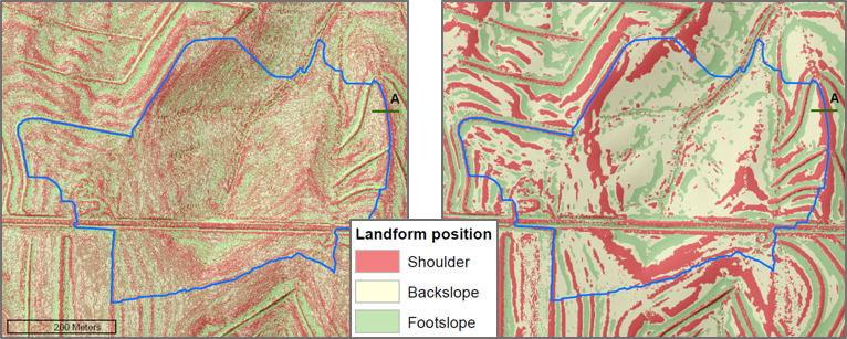 James et al., 2014 computed profile curvature on a 1m resolution digital terrain model (DTM) of Iowa and reclassified it into 3 landform types. On the left is the 1 meter DTM using a traditional 3 x 3 neighborhood, on the right is the result from an adaptive neighborhood range from 3 x 3 to 15 x 15.