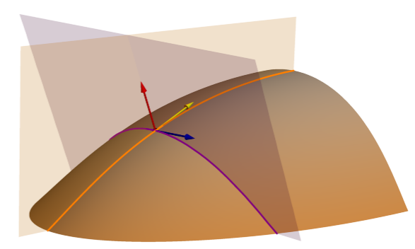 Profile and tangential curvature are described by lines creating by intersecting planes with the surface. The arrows show the vectors which combine to define the planes.