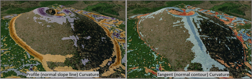 Profile (normal slope line) curvature on the left and Tangential (normal contour) curvature on the right, computed on a 5 meter resolution DSM with 15x15 or (75) meter adaptive neighborhood and quadratic surface fit.