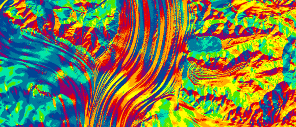 Profile (normal slope line) curvature on the left and Tangential (normal contour) curvature on the right, computed on a 5 meter resolution DSM with 15x15 or (75) meter adaptive neighborhood and quadratic surface fit.