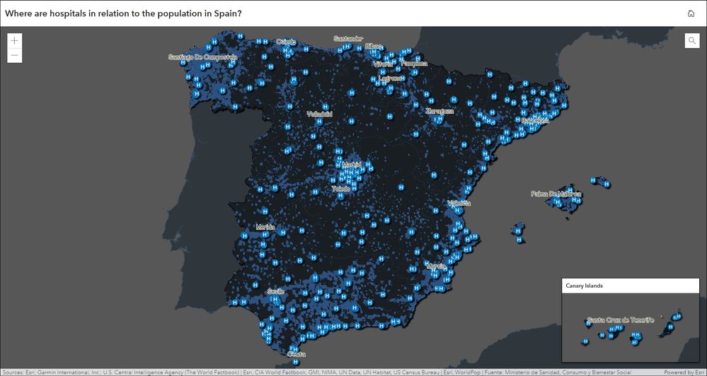 Umístění nemocnic ve vztahu k počtu obyvatel ve Španělsku