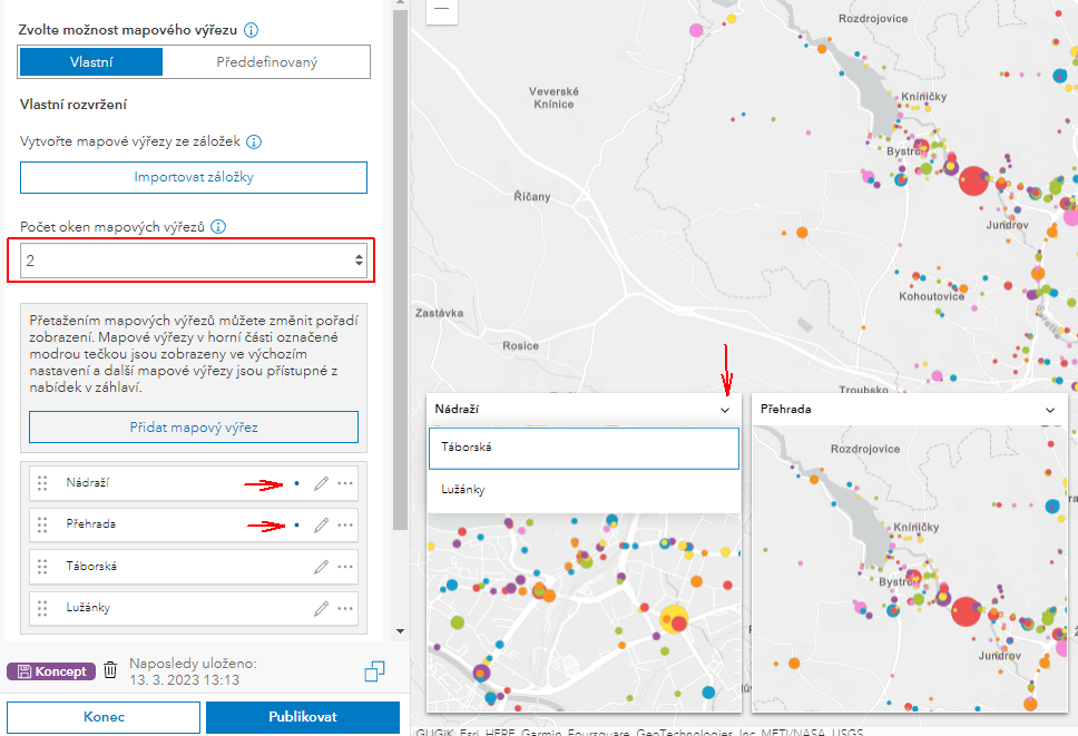 Počet oken mapových výřezů