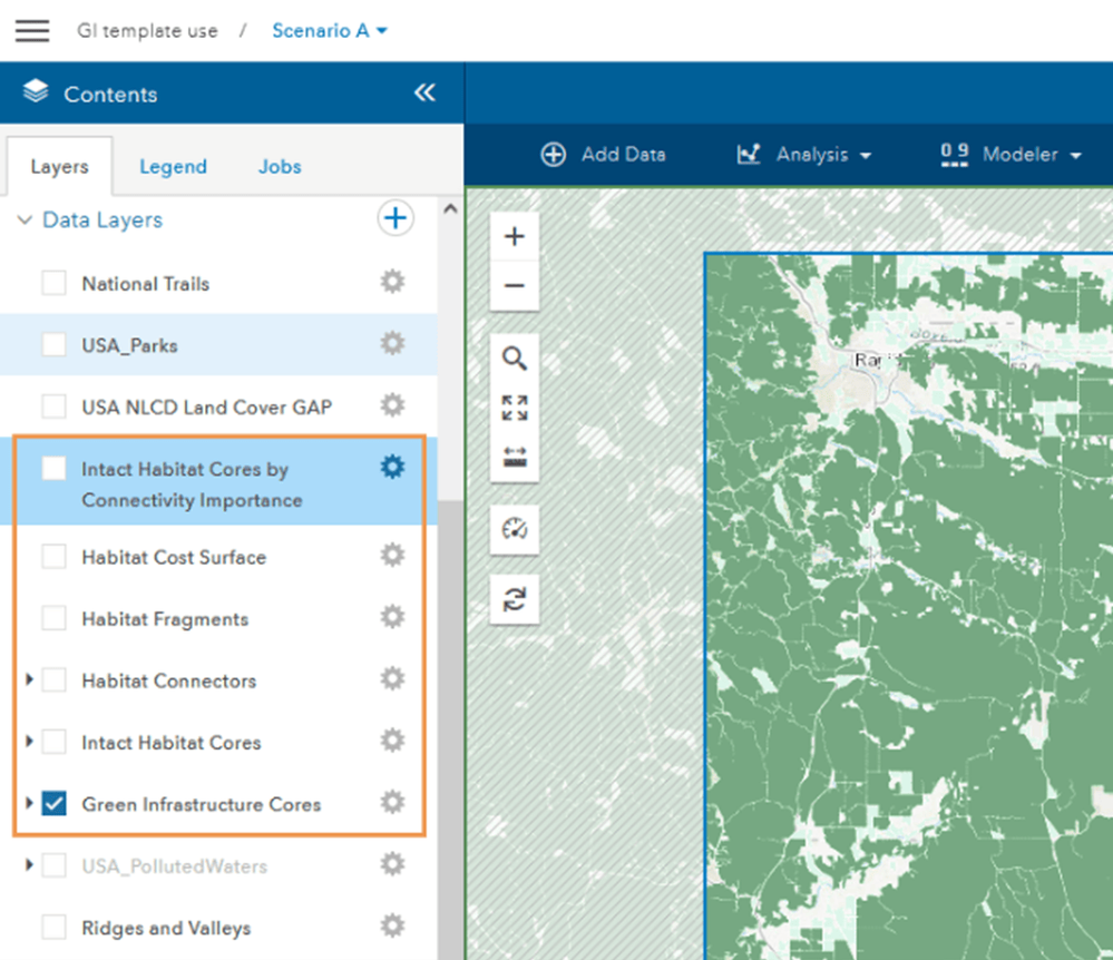 The ArcGIS GeoPlanner green infrastructure template includes related data sets.