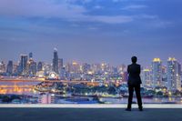 A person looks out upon a city skyline at dusk.