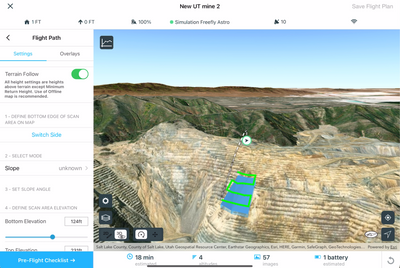 Site Scan Flight mission flying below takeoff elevation at an open mine pit.