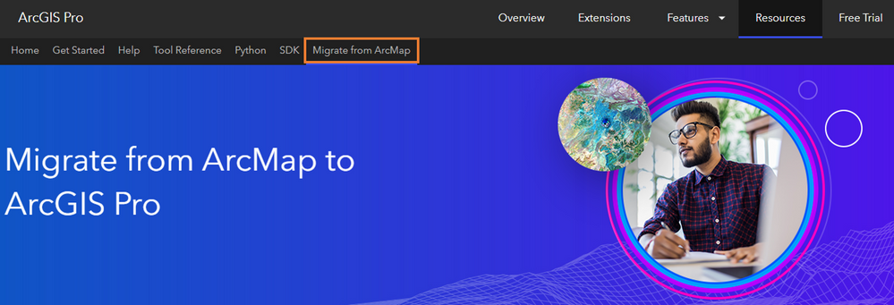 The Migrate from ArcMap to ArcGIS Pro page contains links to key resources to help users make the transition
