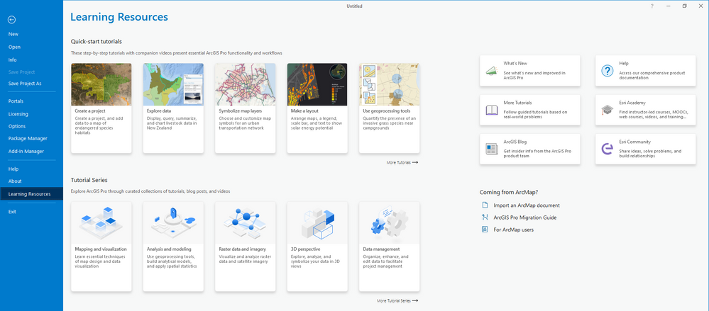 Learning Resources page in ArcGIS Pro includes a Coming from ArcMap? section plus so much more for continued learning