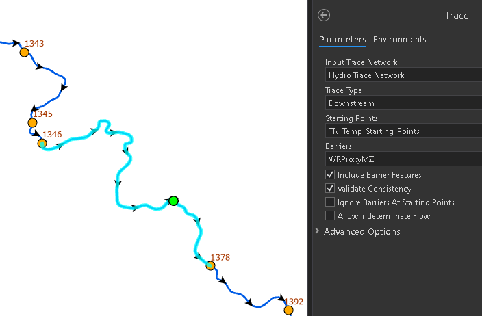 Trace results -- note no downstream junction selected