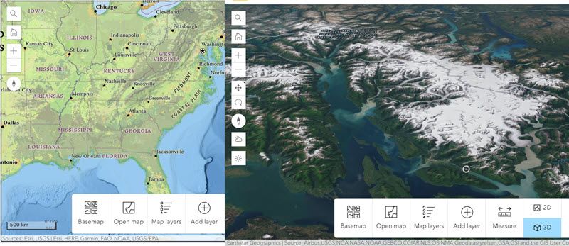 Eastern USA (2D), Juneau Icefield (3D)