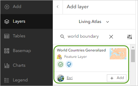 Living Atlas layer selected for the map