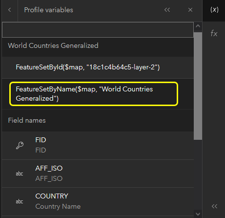 FeatureSetByName selected for the map to insert the snippet