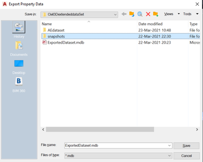 Export property data dialogue window