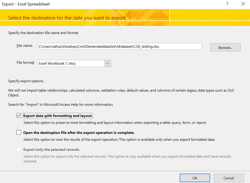 Export to excel dialogue box