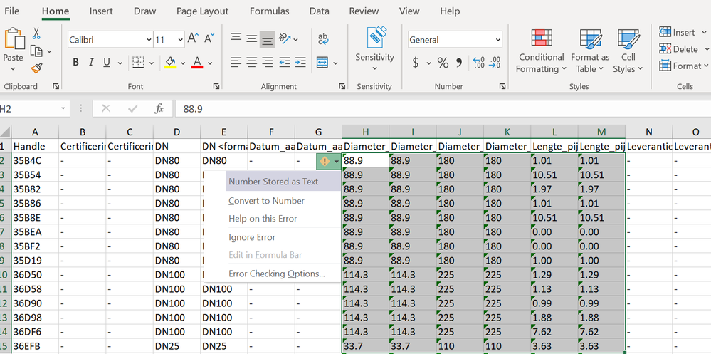 Cells treated as text - Click Convert to Numbers