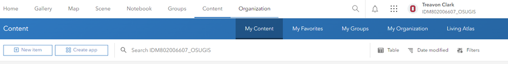 Screenshot of the ArcGIS Online banner showing Content>My Content