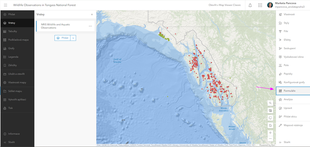 Obr. 1.  Tlačítko Formuláře na panelu nástrojů v prohlížeči Map Viewer.