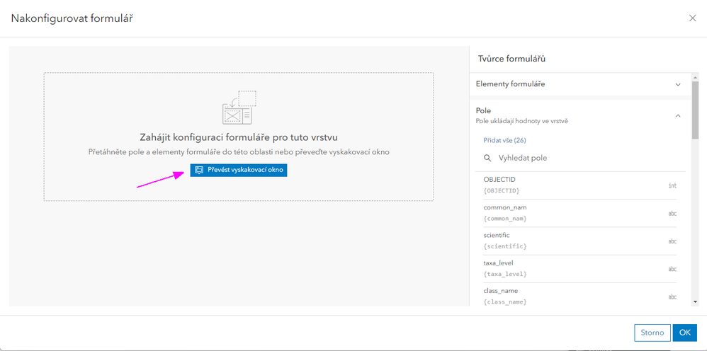 Obr. 2.  Nástroj pro tvorbu formulářů a tlačítko pro převod polí z vyskakovacího okna.