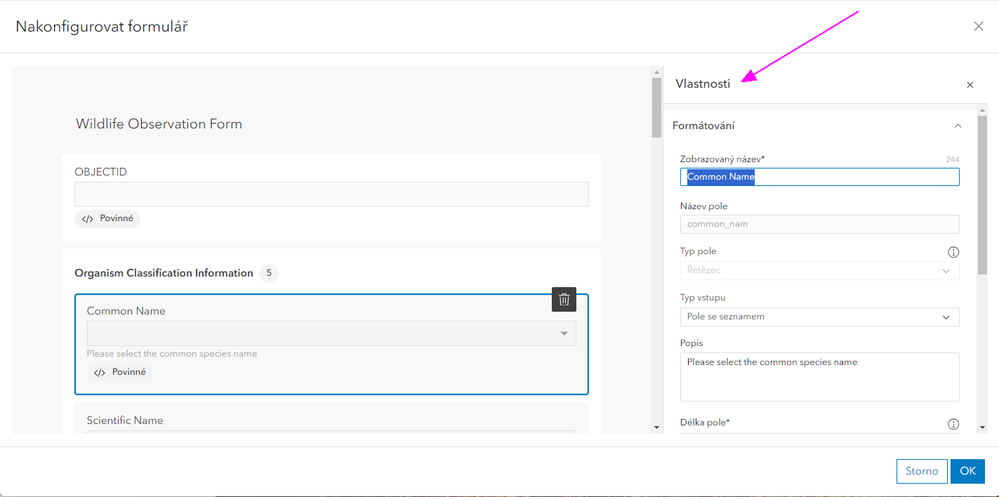 Obr. 3.  Nástroj pro tvorbu formulářů a panel Vlastnosti.