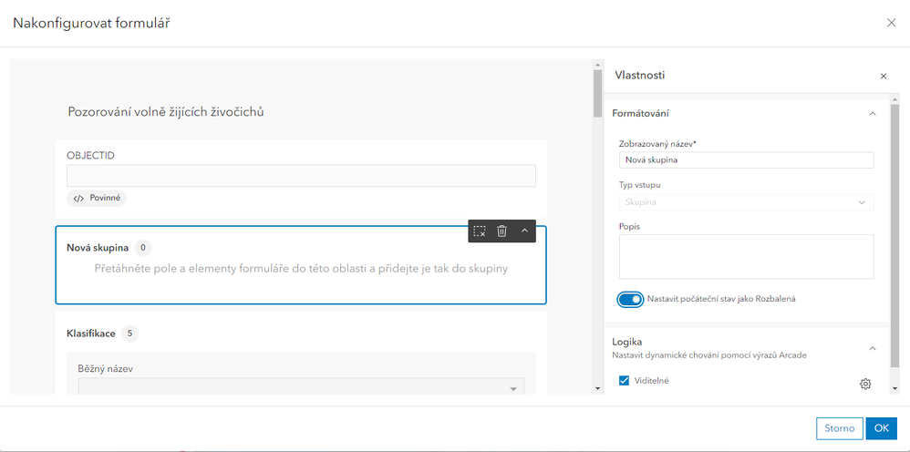 Obr. 6.  Nástroj pro tvorbu formulářů a vytvoření nové skupiny polí.