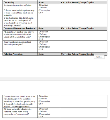 Current Site inspection form layout. Categories in Gray, with relevant questions below. "status" is the same for each question, and each question should have the ability to attach an image/caption