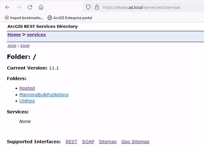 A screen capture of the ArcGIS Server REST Services Directory.