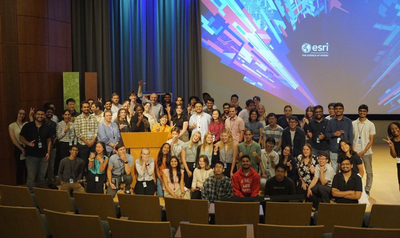My Esri HQ internship cohort posing with Jack Dangermond.