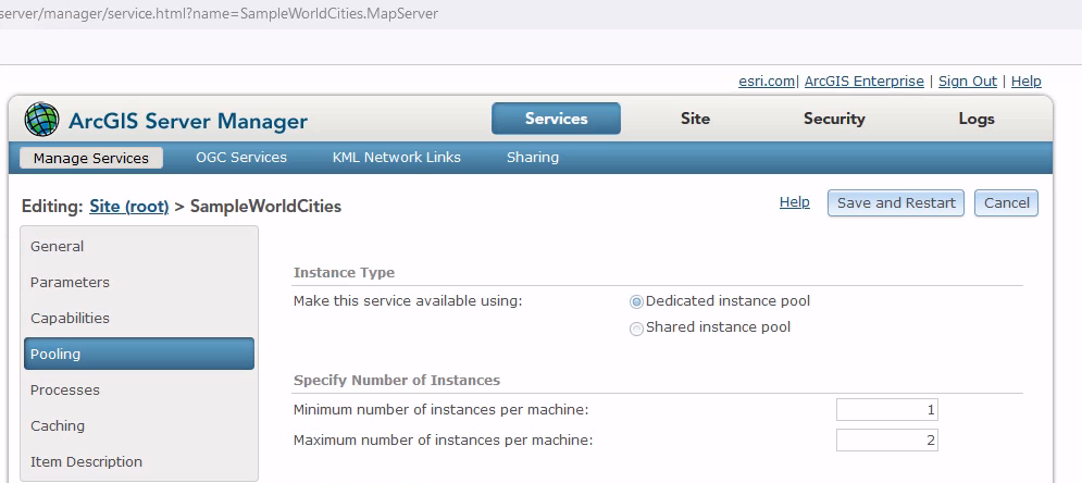 ArcGIS Server Manager with instance configuration settings.