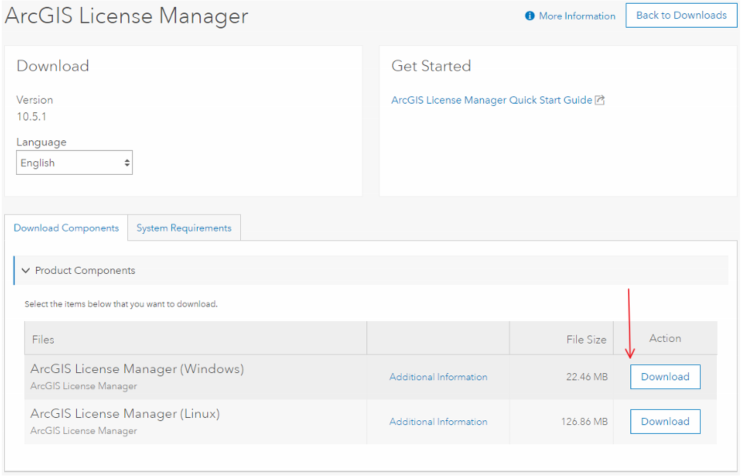 ArcGIS License Manager 10.5.1 Download button