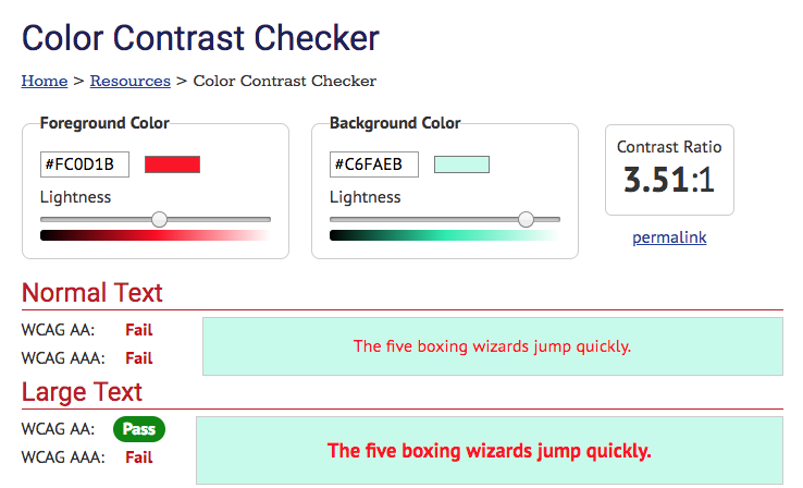 WebAIM color contrast checker showing failed ratio