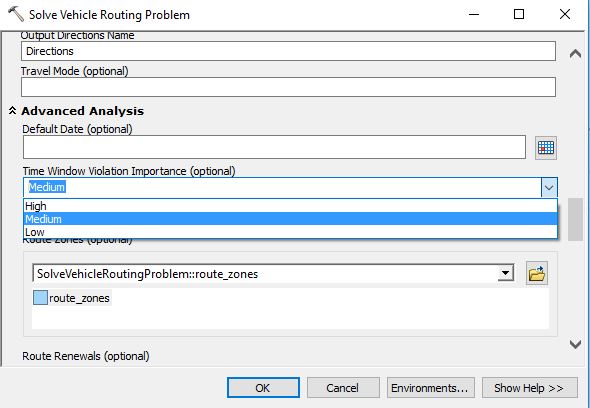 Time Window Violation Importance field in the Solve VRP GP Tool