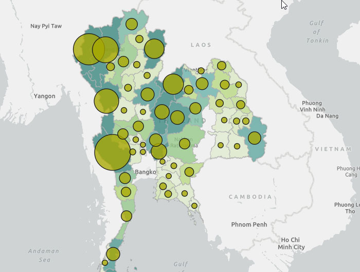 Multiple layers showing the density of caves in Thailand, using counts and amounts size and color smart mapping capabilities.