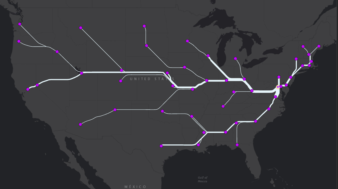 Figure 4: Output generated without specifying Impassable or Impedance Features.  California and Nevada flow northward. Flow lines flow through intermediate state capitals