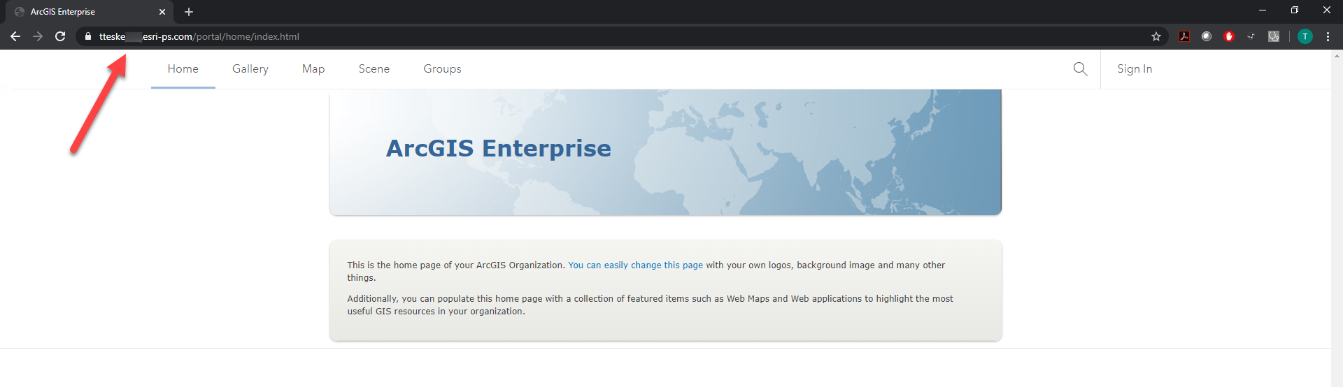 ArcGIS Portal homepage with arrow pointing to URL