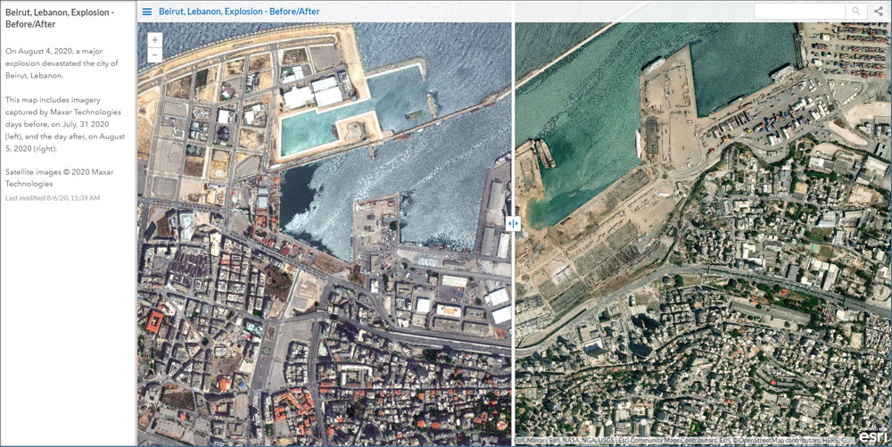 Port of Beirut and surrounding area before and after the blast.