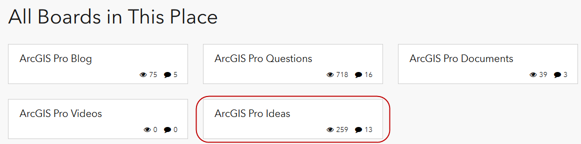 A screenshot showing the available question boards for ArcGIS Pro in the updated GeoNet Esri Community. Highlighted is the link to "ArcGIS Pro Ideas" which indicates that ArcGIS Pro is accepting ArcGIS Ideas through this Idea Exchange. 